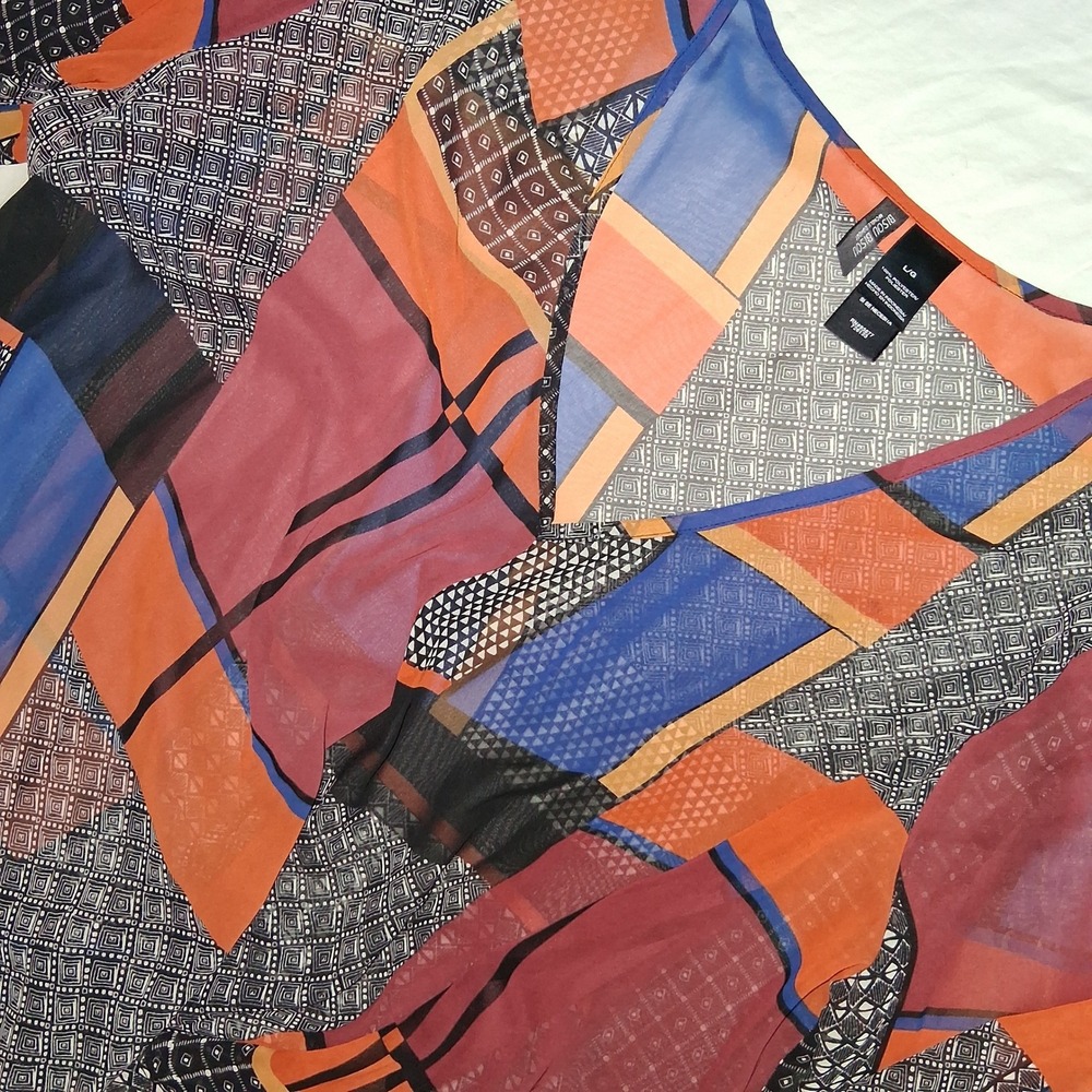 BISOU BISOU Sheer Patchwork Geometric Print Long Sleeve V Neck Blouse Top L/G